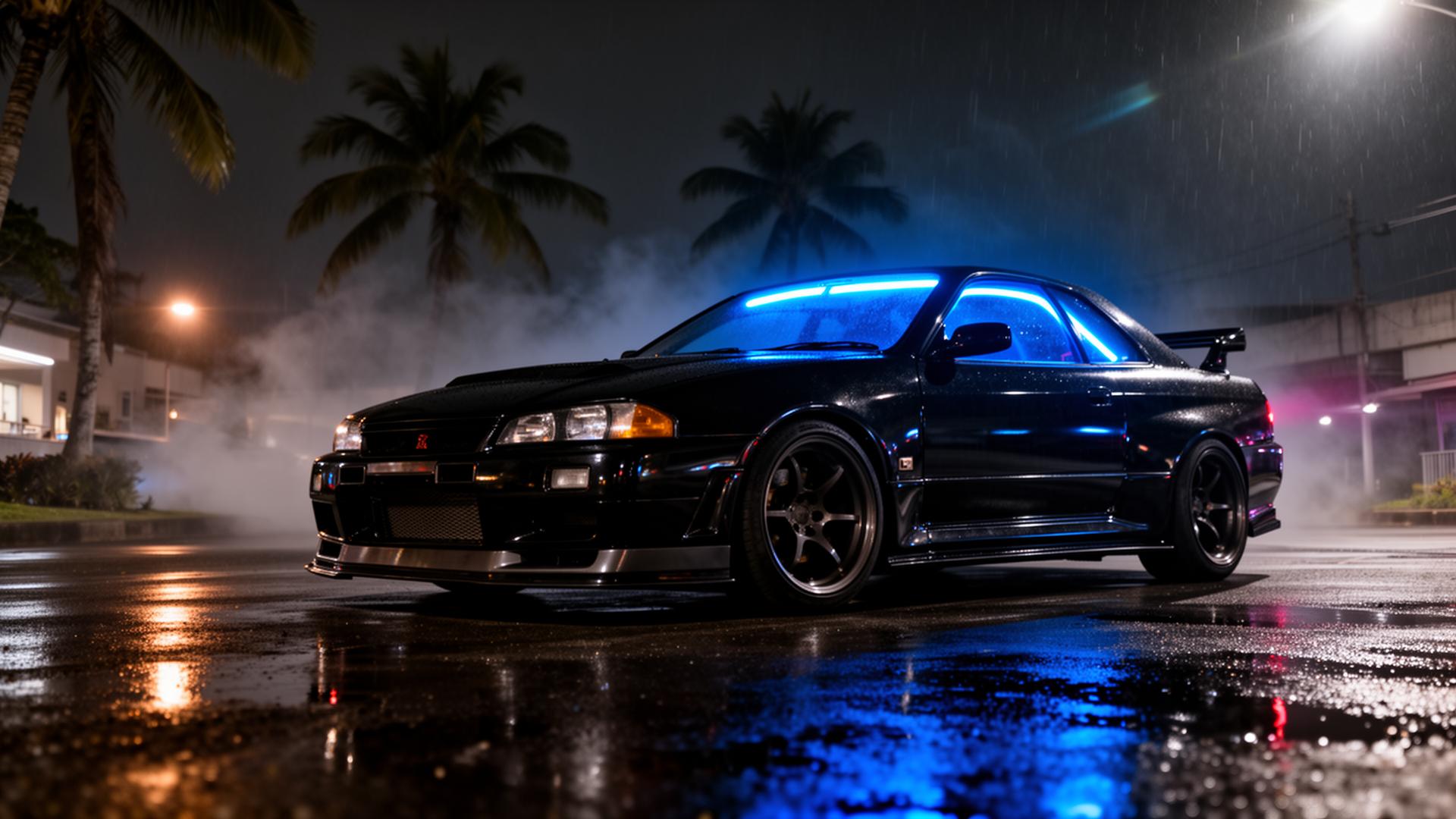 Black JDM tuner car with electric blue tinted windows on wet asphalt at night in Hilo, Hawaii